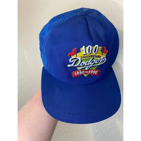 VTG New Era 100 Anniversary Dodger’s Blue Snap Back Trucker Baseball Hat Med-Lg - Picture 10 of 12